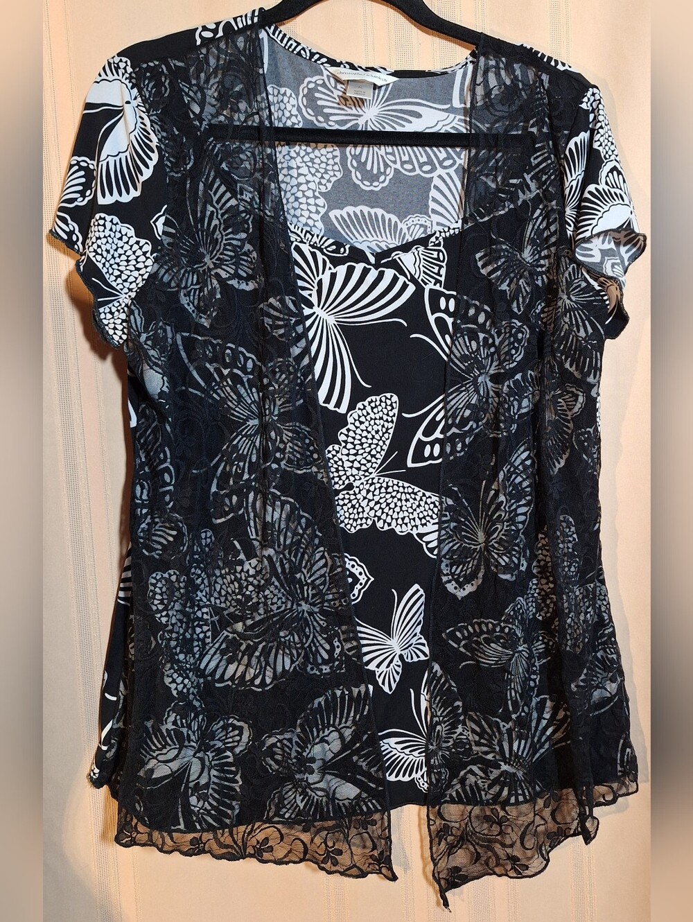 CHRISTOPHER & BANKS Black & White Butterfly Lace Overlay Top